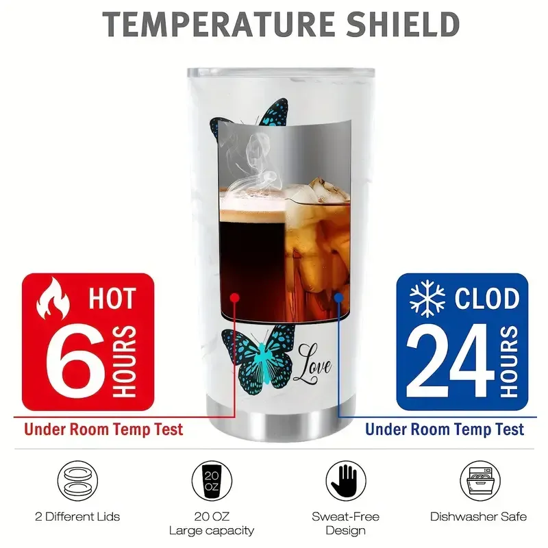 1pc Butterfly Printed 20oz Stainless Steel Tumbler, Double Wall Vacuum Insulated Travel Mug with Lid, Reusable, BPA-Free, Hand Wash Only, Animal Theme, with Lid for Adults, Ideal for Holidays - Easter, Halloween, Christmas, Hanukkah, Thanksgiving