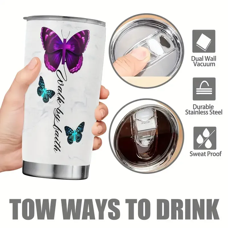 1pc Butterfly Printed 20oz Stainless Steel Tumbler, Double Wall Vacuum Insulated Travel Mug with Lid, Reusable, BPA-Free, Hand Wash Only, Animal Theme, with Lid for Adults, Ideal for Holidays - Easter, Halloween, Christmas, Hanukkah, Thanksgiving