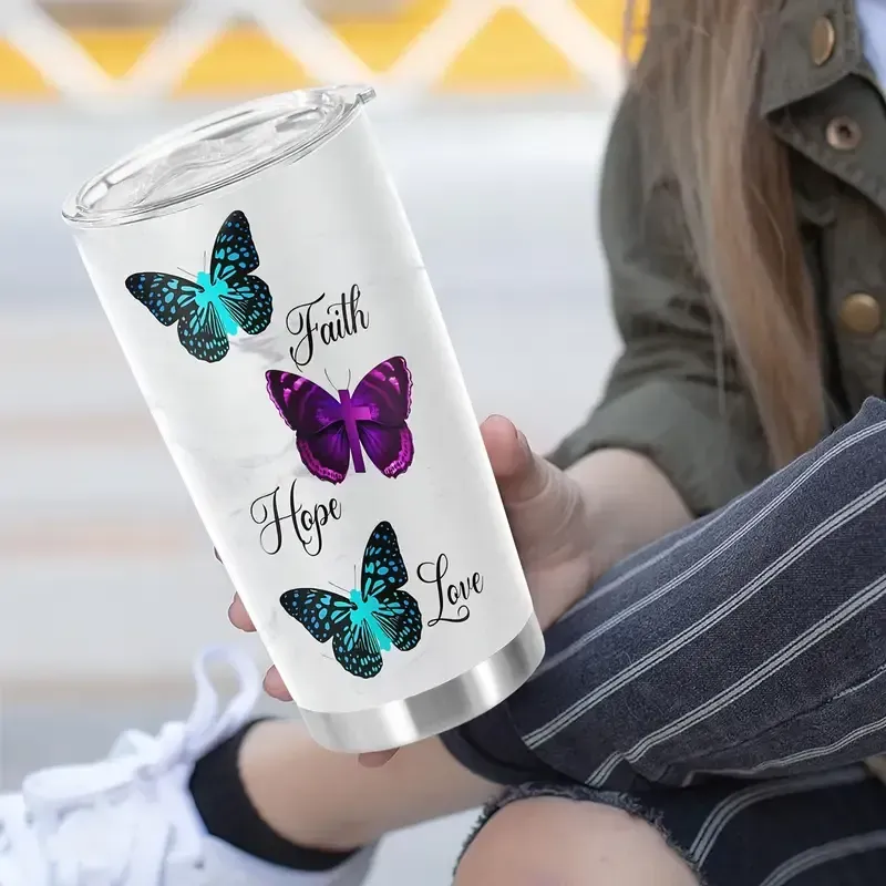 1pc Butterfly Printed 20oz Stainless Steel Tumbler, Double Wall Vacuum Insulated Travel Mug with Lid, Reusable, BPA-Free, Hand Wash Only, Animal Theme, with Lid for Adults, Ideal for Holidays - Easter, Halloween, Christmas, Hanukkah, Thanksgiving