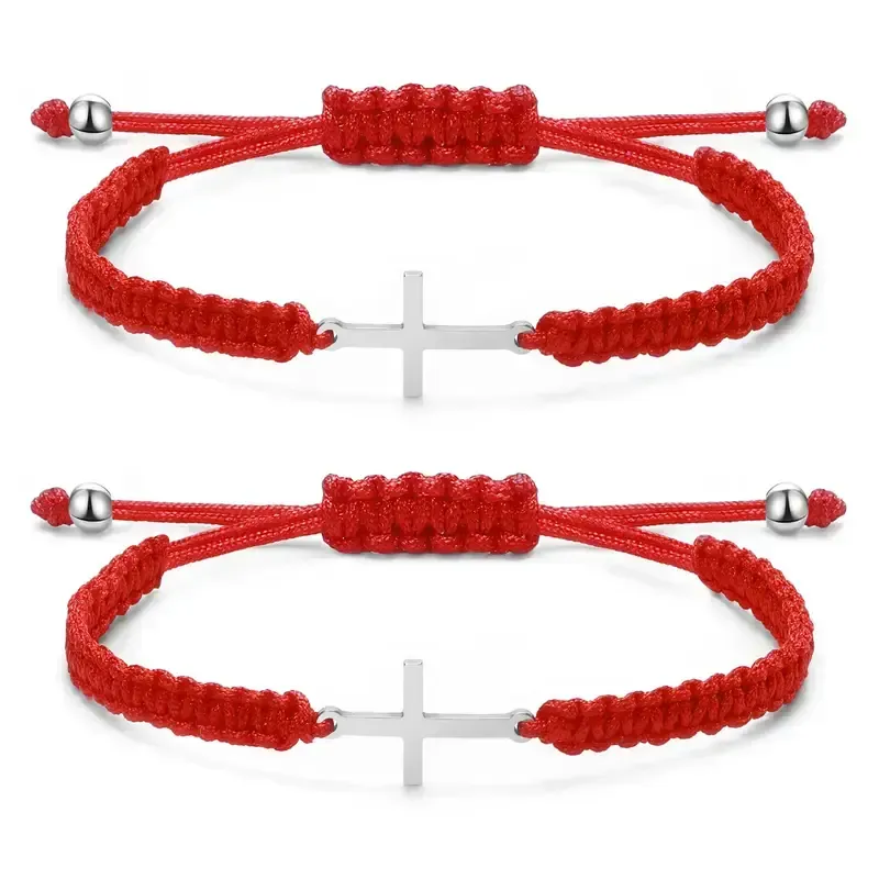 2pcs Stainless Steel Cross Bracelet for Boys Girls, Braided Rope Friendship Bracelet, Adjustable Faith Hope Blessed Jewelry for Men Women