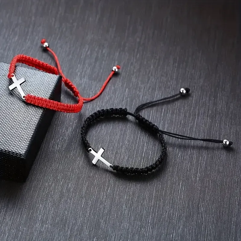 2pcs Stainless Steel Cross Bracelet for Boys Girls, Braided Rope Friendship Bracelet, Adjustable Faith Hope Blessed Jewelry for Men Women