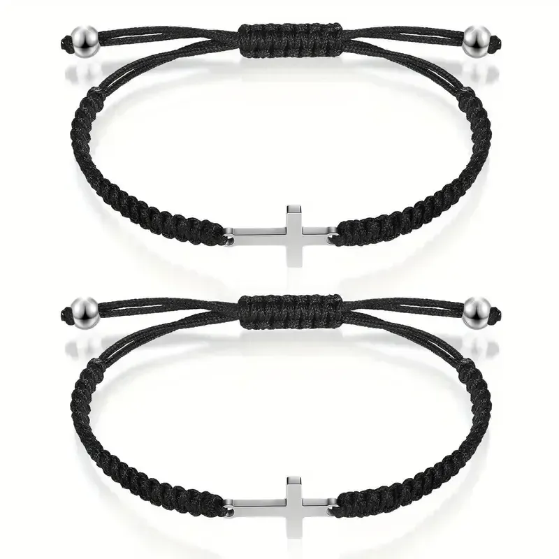 2pcs Stainless Steel Cross Bracelet for Boys Girls, Braided Rope Friendship Bracelet, Adjustable Faith Hope Blessed Jewelry for Men Women