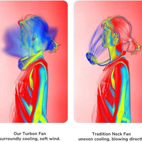 Hands-free neck fan for sports, travel and office use - Rechargeable bladeless cooling technology with up to 8 hours of run time - Wearable headphone design provides cooling for face, neck and shoulders as you move