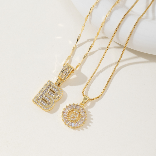 Fashionable copper inlaid zircon plated 18k gold letter pendant ladder square rock candy 26 English letter necklace