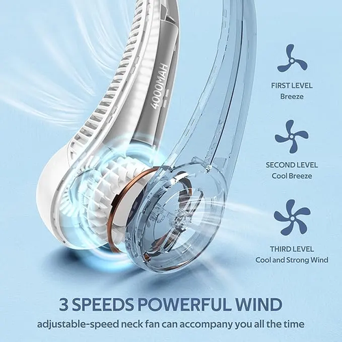 Hands-free neck fan for sports, travel and office use - Rechargeable bladeless cooling technology with up to 8 hours of run time - Wearable headphone design provides cooling for face, neck and shoulders as you move