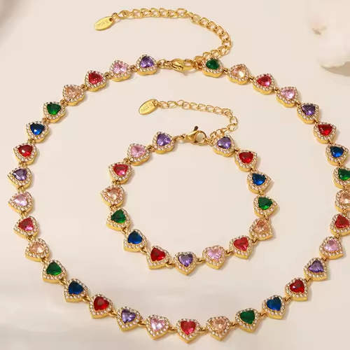 Colorful Heart Gem Jewelry Set Necklace & Bracelet