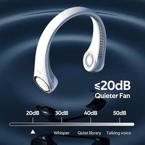 Hands-free neck fan for sports, travel and office use - Rechargeable bladeless cooling technology with up to 8 hours of run time - Wearable headphone design provides cooling for face, neck and shoulders as you move