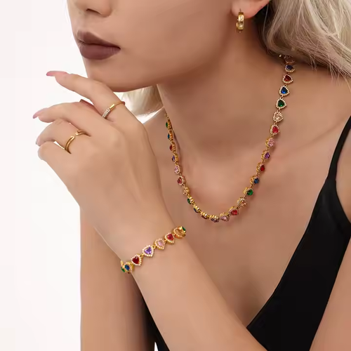 Colorful Heart Gem Jewelry Set Necklace & Bracelet