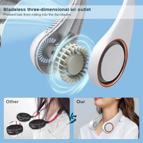 Hands-free neck fan for sports, travel and office use - Rechargeable bladeless cooling technology with up to 8 hours of run time - Wearable headphone design provides cooling for face, neck and shoulders as you move