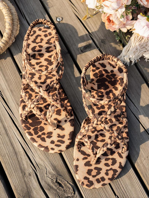 Trendy Leopard Print Braided Sandals