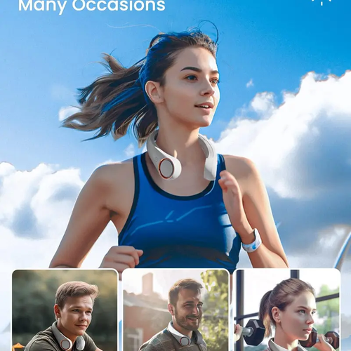 Hands-free neck fan for sports, travel and office use - Rechargeable bladeless cooling technology with up to 8 hours of run time - Wearable headphone design provides cooling for face, neck and shoulders as you move