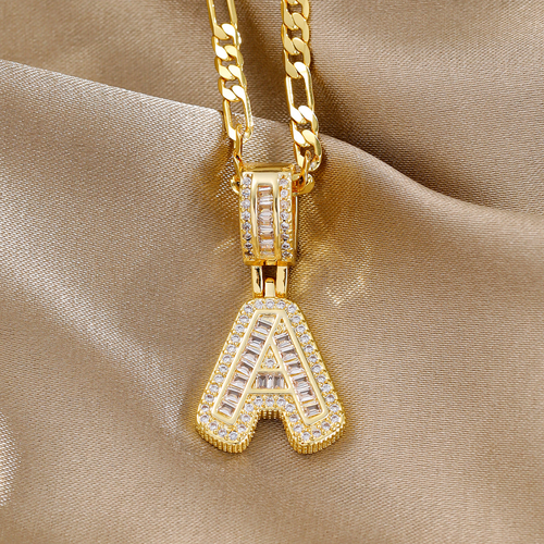 Fashionable copper inlaid zircon plated 18k gold letter pendant ladder square rock candy 26 English letter necklace
