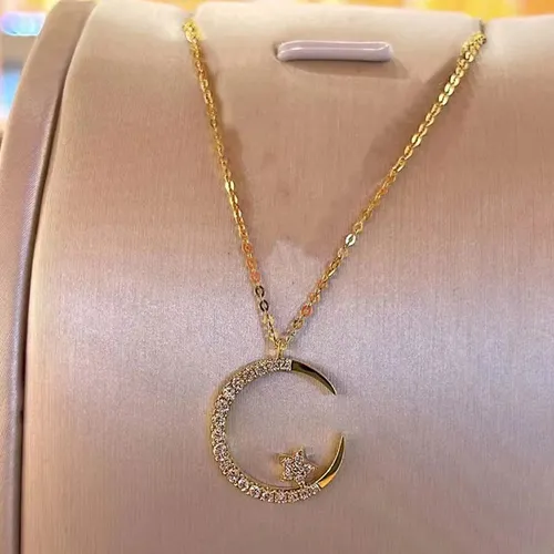 Gold-Tone Moon Pendant Necklace with Zirconia