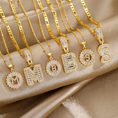 Fashionable copper inlaid zircon plated 18k gold letter pendant ladder square rock candy 26 English letter necklace