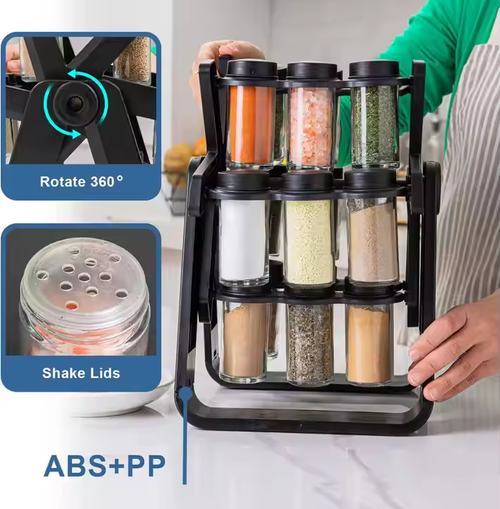 360 Rotate Spice Rack With 18 Glass Jars