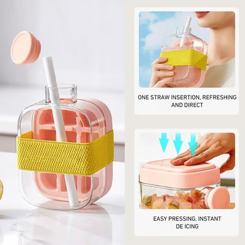 Ice Cube Water Bottle 2 in 1 Touch-Free 500ml 800ml Ice Mold Bottles Freezer with Lid and Bin Straw for Coffee Juice Beverages
