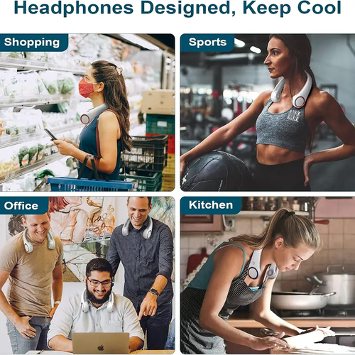 Hands-free neck fan for sports, travel and office use - Rechargeable bladeless cooling technology with up to 8 hours of run time - Wearable headphone design provides cooling for face, neck and shoulders as you move