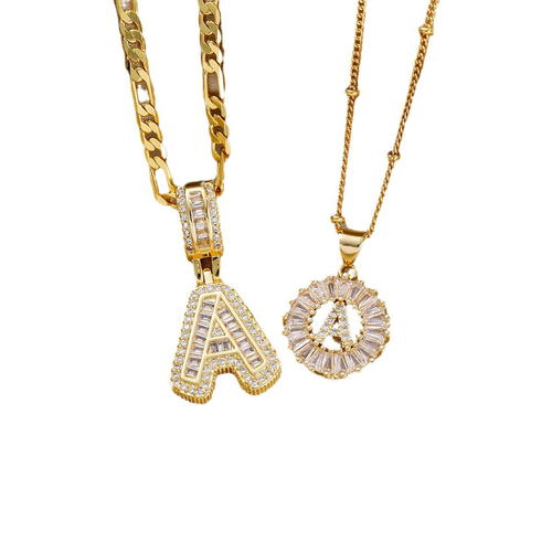 Fashionable copper inlaid zircon plated 18k gold letter pendant ladder square rock candy 26 English letter necklace