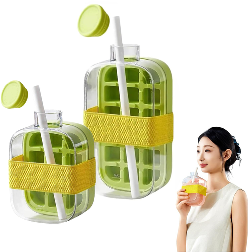 Ice Cube Water Bottle 2 in 1 Touch-Free 500ml 800ml Ice Mold Bottles Freezer with Lid and Bin Straw for Coffee Juice Beverages