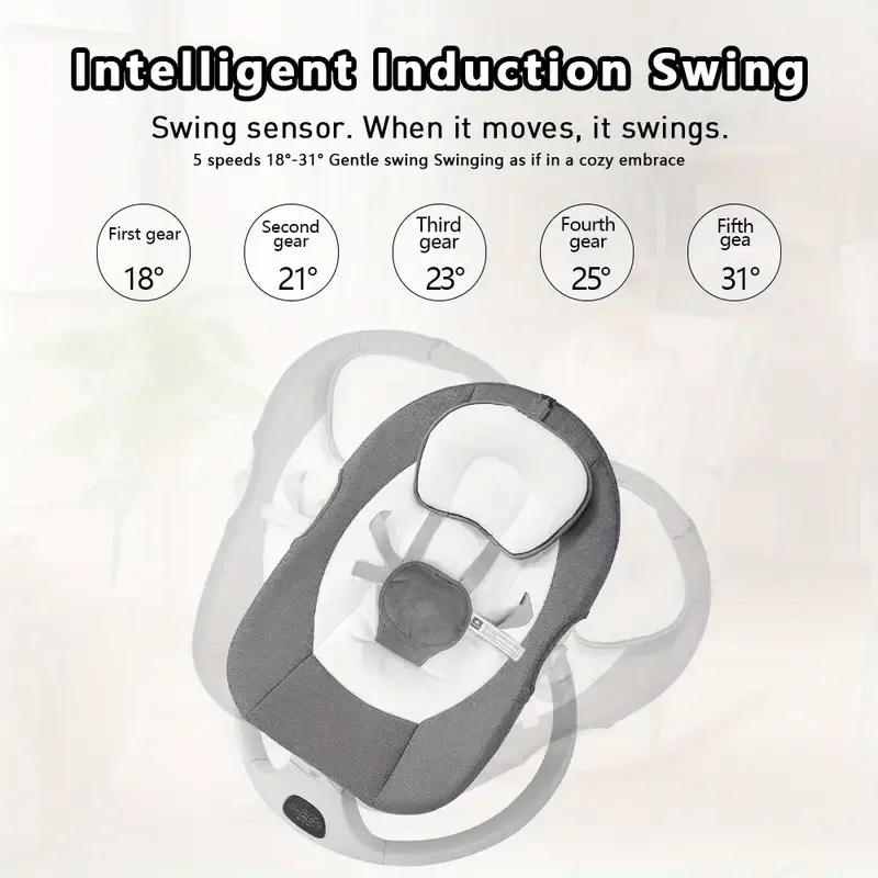 Portable 5 Speed Rocker with Music, Remote Control, and Touch Screen for - Suitable for 0-9 Months, 5-20 lbs, Gray