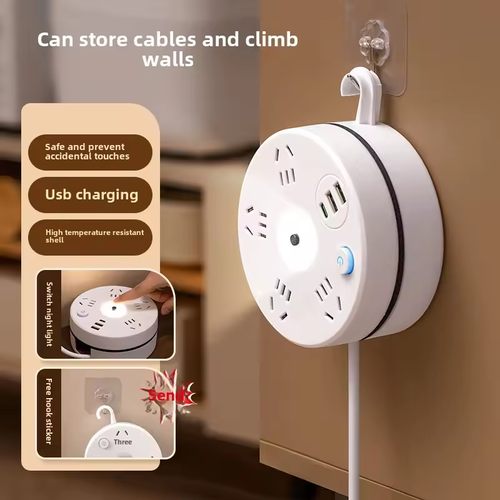 1.8m 2USB Wall Mountable Cable Storage Power Strip with Night Light