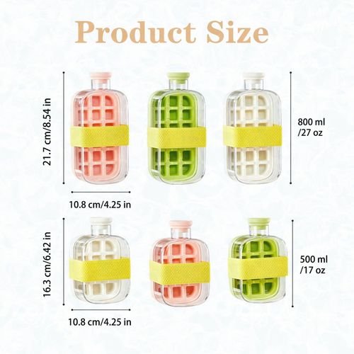 Ice Cube Water Bottle 2 in 1 Touch-Free 500ml 800ml Ice Mold Bottles Freezer with Lid and Bin Straw for Coffee Juice Beverages