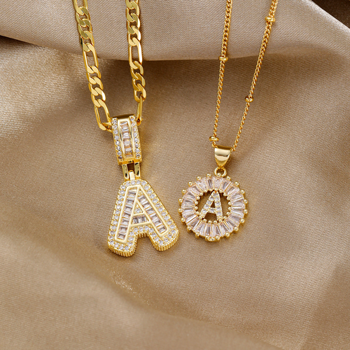 Fashionable copper inlaid zircon plated 18k gold letter pendant ladder square rock candy 26 English letter necklace