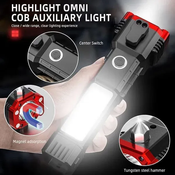 Tech Swadeshi High Power LED Rechargeable Flashlight with Emergency Hammer & Multi-Mode Lighting