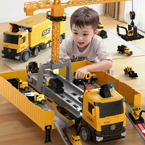 Launch Track Transformer Track Container Transporter - Friction Push-Pull Operated Alloy Race Car, Throwback Truck, The Perfect Gift For Boys And Girls