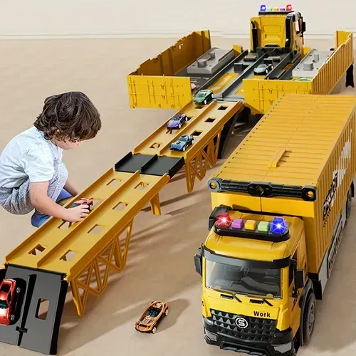 Launch Track Transformer Track Container Transporter - Friction Push-Pull Operated Alloy Race Car, Throwback Truck, The Perfect Gift For Boys And Girls