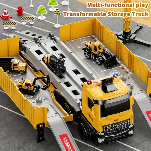 Launch Track Transformer Track Container Transporter - Friction Push-Pull Operated Alloy Race Car, Throwback Truck, The Perfect Gift For Boys And Girls