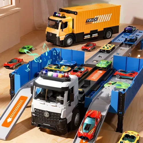 Launch Track Transformer Track Container Transporter - Friction Push-Pull Operated Alloy Race Car, Throwback Truck, The Perfect Gift For Boys And Girls