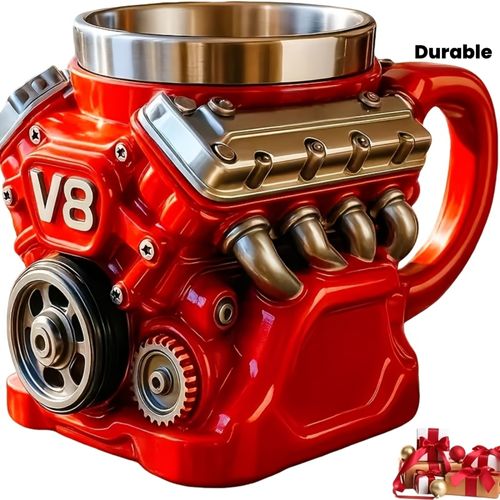 Rote V8-Motor-Kaffeetasse aus strapazierfähigem Kunststoff im Auto-Design, mit robustem Henkel und einem rot-goldenen Motor-Motiv – ein einzigartiges Geschenk für den autobegeisterten Vater, Ehemann oder Mechaniker.