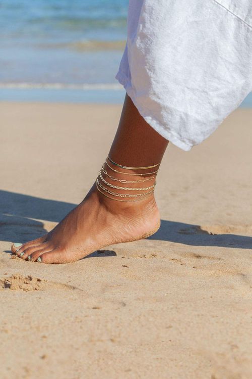 HT 6pcs Waterproof Gold Ankle Bracelet ForWomen 14K Gold Plated Anklet Layere