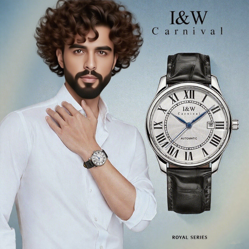 Free Shipping I&W Luxury Automatic Mechanical Watch with Sapphire Mirror and 30 meter Waterproof Roman Scale Leather Strap