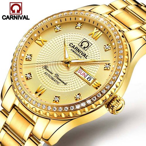 Carnival Luxury Men's 20mm Dial Display Automatic Mechanical Watch New Fashionable Gold Steel Waterproof Casual Stainless Steel