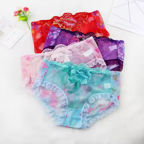 Buy one get three free Fashion Transparent Breathable Low-Waist Briefs Embroidered Panties Sexy Lace Women's Underpants of Large Sizes Lace Panties
