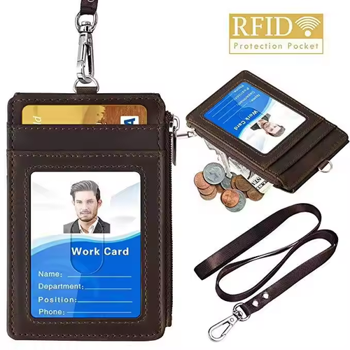 Stamping Pu Leather Id Card Holder Lanyard Name Badge Employee Id Work Card Badge Holder With Lanyard