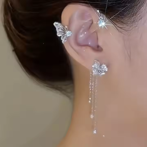 One pair, silver ！Trendy Hot Selling Party Shining Zircon Flower Butterfly Bling Silver Gold Rhinestone Ear Clip Earrings for Women