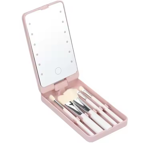 Square Portable Plastic Personalised Led Lights Quality Makeup Face Brush Mirror Set Holder