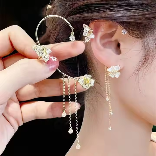 One pair, silver ！Trendy Hot Selling Party Shining Zircon Flower Butterfly Bling Silver Gold Rhinestone Ear Clip Earrings for Women