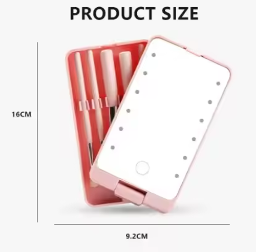 Square Portable Plastic Personalised Led Lights Quality Makeup Face Brush Mirror Set Holder