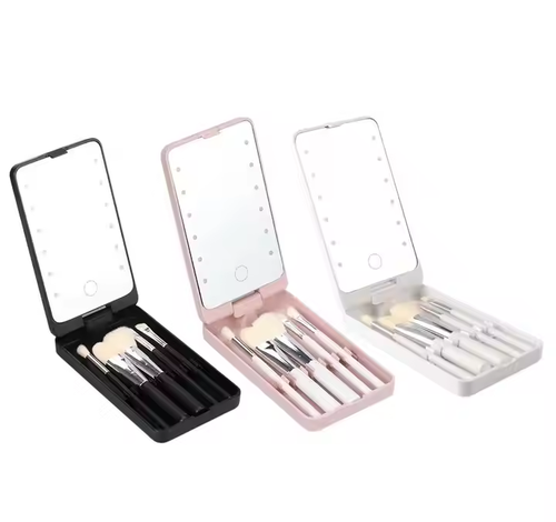 Square Portable Plastic Personalised Led Lights Quality Makeup Face Brush Mirror Set Holder