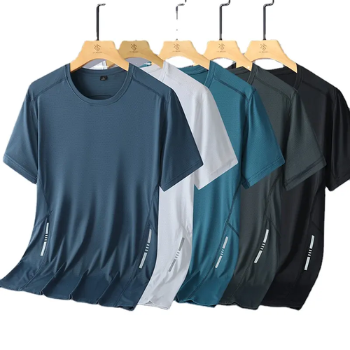 Buy One Get One Free！2XL Code Men's Summer Running Top High Elastic Ice Silk Thin Breathable O-Neck Short Sleeve Casual Moisture Wicking Top