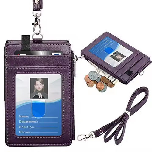 Stamping Pu Leather Id Card Holder Lanyard Name Badge Employee Id Work Card Badge Holder With Lanyard