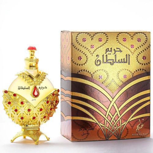 Khadlaj Al Sultana Premium Perfume: Exquisite Golden Bottle with Red Gem Accents, Long-Lasting Arabian Fragrance, Elegant Gift Box Set