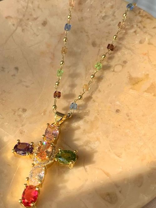 Rainbow Gemstone Cross Necklace - Gold-Tone Beaded Chain Fashion Piece