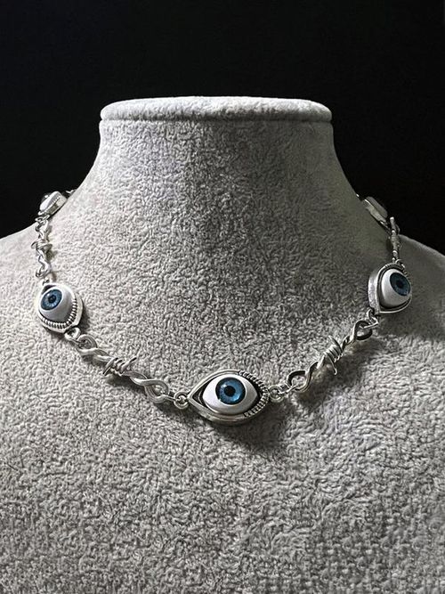 Gothic Barbed Wire & Evil Eye Choker Necklace (34.4g Weight)
