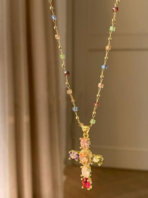 Rainbow Gemstone Cross Necklace - Gold-Tone Beaded Chain Fashion Piece