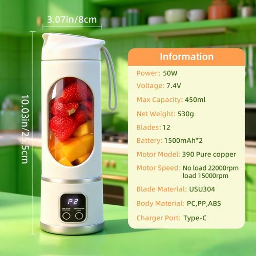 12-Blade Wireless Portable Juicer - 450ml Personal Blender with 3 Speeds & Digital Display, USB Rechargeable for Smoothie & Juice